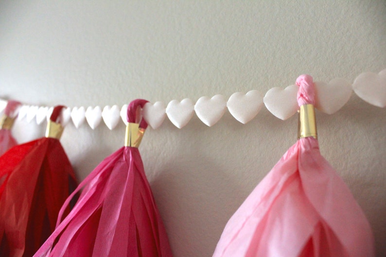 Tissue Paper Tassel Garland // Love is in the Air // Red, Pink, Hot Pink with Heart Ribbon // Valentine, Wedding, Anniversary image 3