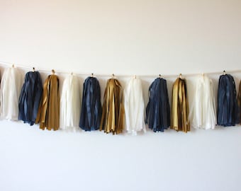Tissue Paper Tassel Garland // Midnight Sparks // Navy Blue, Gold & Ivory // Tassel Garland // Party Decor