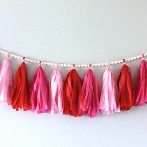 Tissue Paper Tassel Garland // Love is in the Air // Red, Pink, Hot Pink with Heart Ribbon // Valentine, Wedding, Anniversary