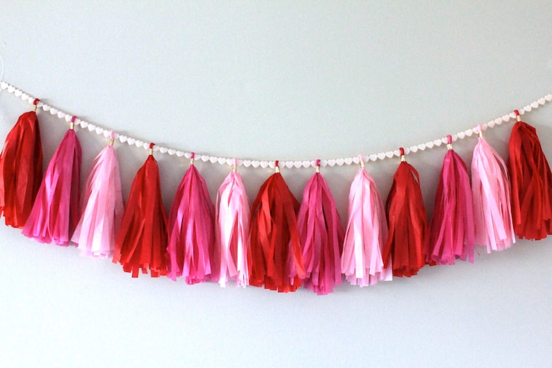 Tissue Paper Tassel Garland // Love is in the Air // Red, Pink, Hot Pink with Heart Ribbon // Valentine, Wedding, Anniversary image 1