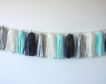 Tissue Paper Tassel Garland // The Blues // Navy Blue, Silver, Baby Blue, Ivory // Tassel Garland // Party Decor