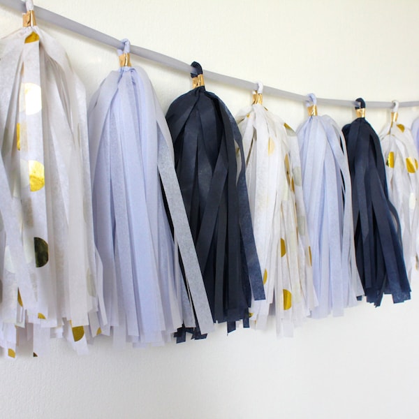 Tissue Paper Tassel Garland // Deja Blue // Navy Blue, Mist Lilac, Gold Polka Dots // Wedding, Birthday, New Years, Parties