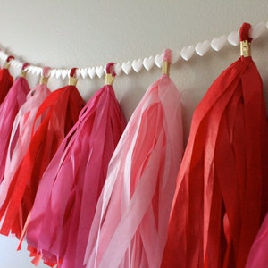 Tissue Paper Tassel Garland // Love is in the Air // Red, Pink, Hot Pink with Heart Ribbon // Valentine, Wedding, Anniversary image 5