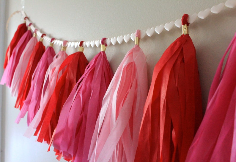 Tissue Paper Tassel Garland // Love is in the Air // Red, Pink, Hot Pink with Heart Ribbon // Valentine, Wedding, Anniversary image 5