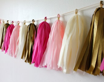 Tissue Paper Garland // In the Spotlight Pink // Magenta, Blush Pink, Gold, Ivory // Bachelorette Party, Shower, Wedding, Birthdays