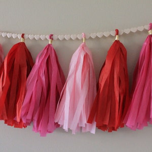 Tissue Paper Tassel Garland // Love is in the Air // Red, Pink, Hot Pink with Heart Ribbon // Valentine, Wedding, Anniversary image 4