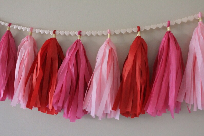 Tissue Paper Tassel Garland // Love is in the Air // Red, Pink, Hot Pink with Heart Ribbon // Valentine, Wedding, Anniversary image 4