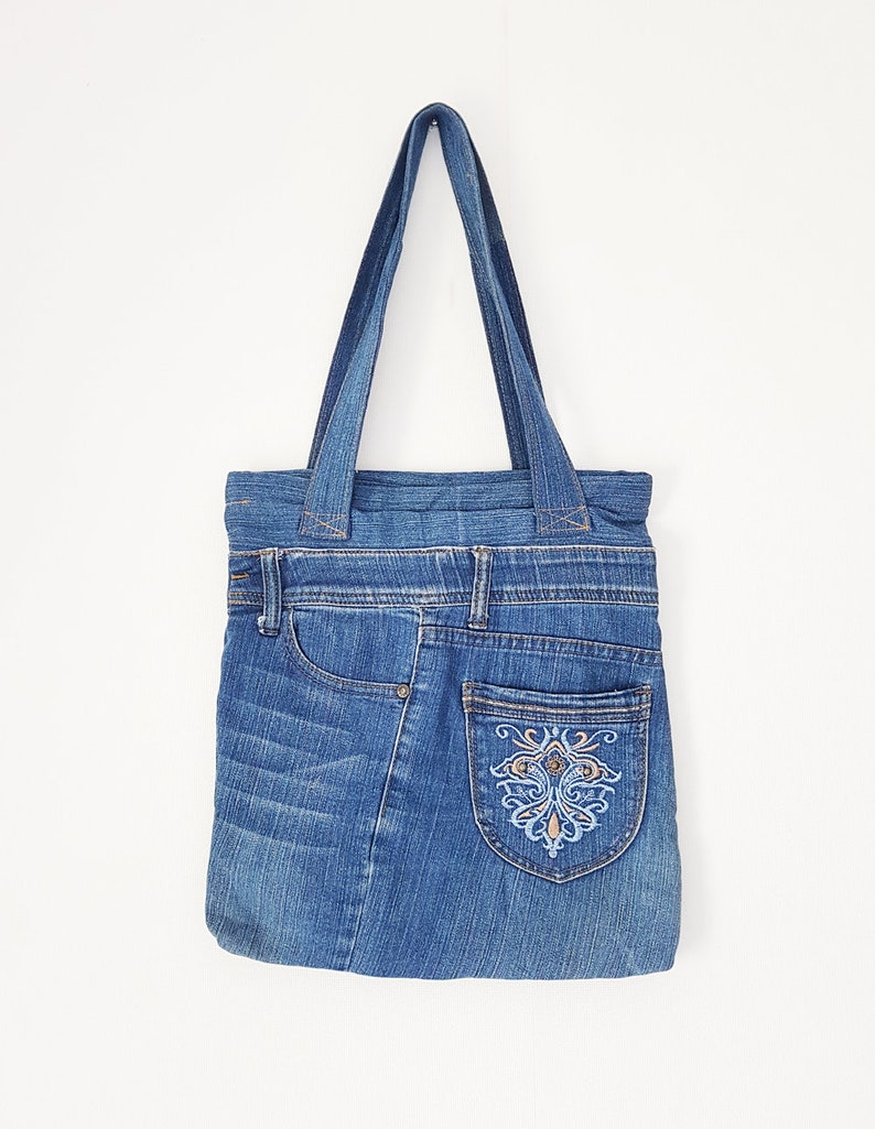 Upcycled jeans bag recycled tote hobo reclaimed bag messenger bohemian denim bag everyday blue bag double straps purse sling thin simple bag
