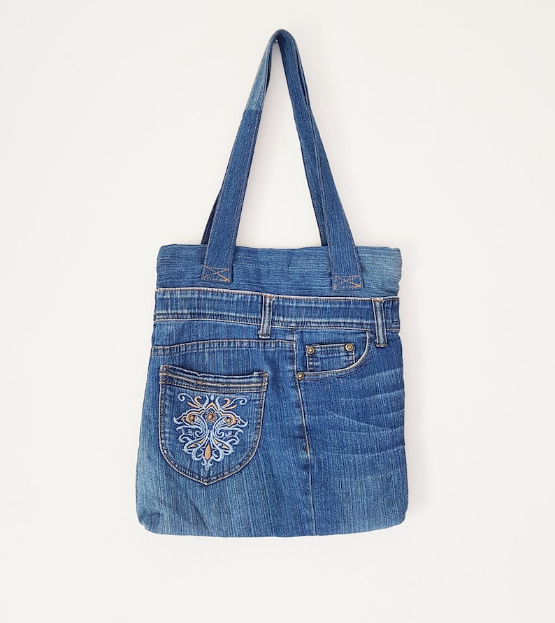 Upcycled jeans bag recycled tote hobo reclaimed bag messenger bohemian denim bag everyday blue bag double straps purse sling thin simple bag
