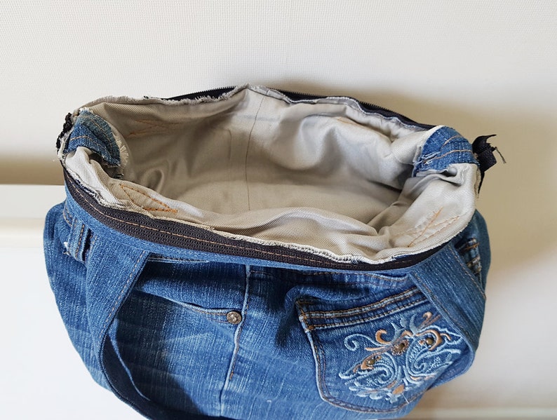 Upcycled jeans bag recycled tote hobo reclaimed bag messenger bohemian denim bag everyday blue bag double straps purse sling thin simple bag