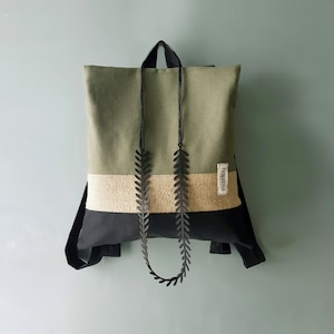 Convertible backpack Crossbody bag Khaki black canvas bag Handmade chic bag Minimalist purse bag Zipper rucksack Burlap bag Gift for women