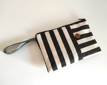 Minimal wristlet clutch Striped canvas purse Stylish clutch Chic women clutch Designed zippered wallet Cosmetic travel bag Modern clutch