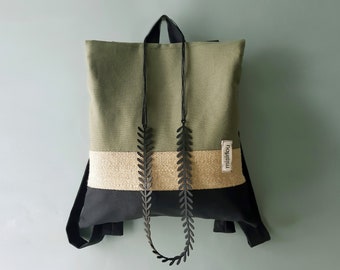 Wandelbarer Rucksack Crossbody Tasche Khaki schwarze Canvas Tasche Handmade chic Tasche Minimalist Geldbörse Tasche Zipper Rucksack Jutebeutel Geschenk für Frauen