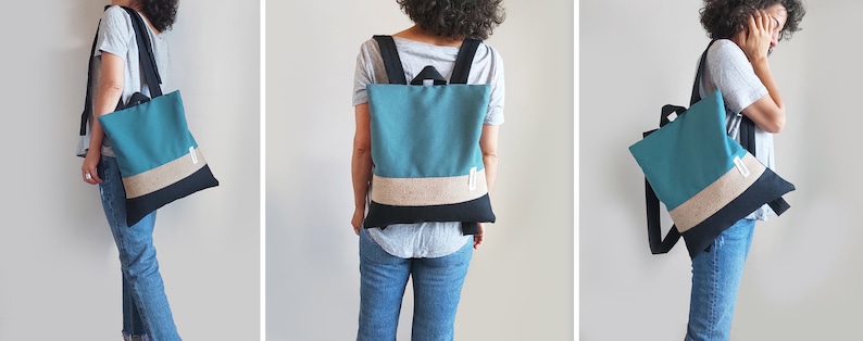 Zaino convertibile Borsa a tracolla Borsa di tela nera kaki Borsa chic fatta a mano Borsa minimalista Borsa con cerniera Borsa di tela regalo per le donne immagine 4