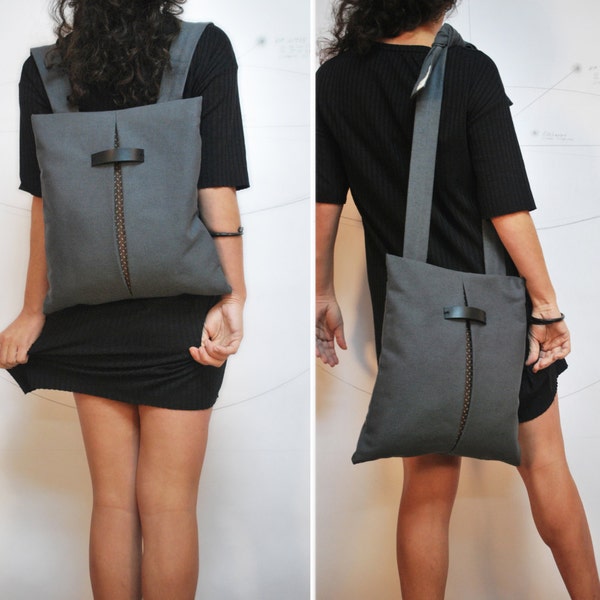 RESERVED FOR HEATHER Canvas backpack Waterproof gray Messenger bag Brown cotton Minimal stylish Handmade women bag Convertible Chic city bag