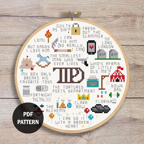 The Tortured Poets Department Taylor Swift Album Summary Cross Stitch Pattern | Taylor Swift Cross Stitch | TTPD Album Collage Cross Stitch