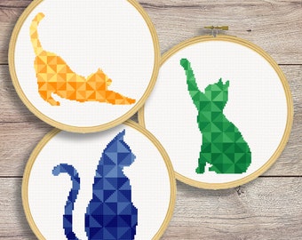 Geometric Cross Stitch Cat Patterns | Set of 3 Cross Stitch Geometric Cat Patterns | Geometric Cross Stitch Animals