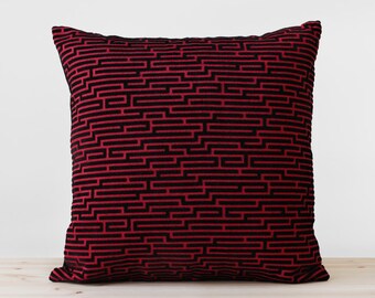 Black and Red Geometric Velvet Pillow Modern Cushion Cover Contemporary Designer Decorative Throw Pillows Labyrinth Maze Pillow All Sizes