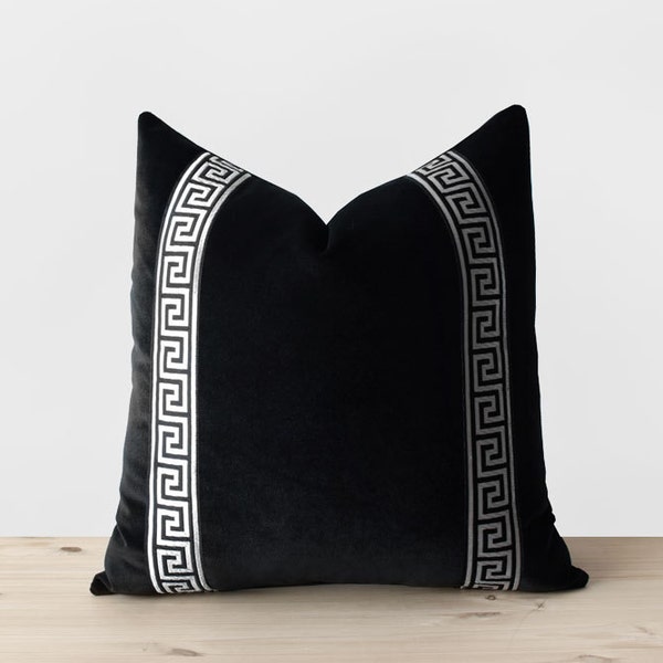 Black and Silver Velvet Pillow Cover Silver Greek Key Applique Silver Trim Cushion Black Bedding Velvet Meander Border Pillows 22x22 24x24