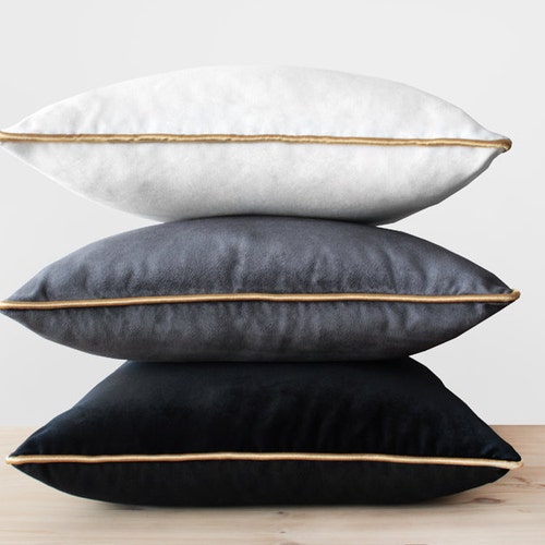Velvet Pillow Cover With Gold Cording Black White Gray and Etsy