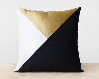 Black White Gold Velvet Pillow Cover Colorblock Pillows Modern Geometric Throw Pillow Black and Gold Cushion Modern Designer Velvet Pillows