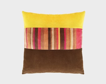 Brown Mid Century Modern Throw Pillow, Retro Pillow Cover, Yellow Brown Pillows, Colorful Striped Pillow Case, 70s Decor, Chenille Pillow