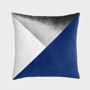 Navy Silver White Pillow Cover Triangle Throw Pillows Navy Gray Pillow Modern Designer Gifts for Home Navy Gray Pillow All Sizes 22x22 24x24