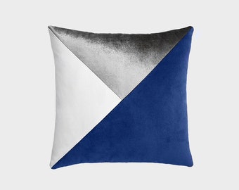 Navy Silver White Pillow Cover Triangle Throw Pillows Navy Gray Pillow Modern Designer Gifts for Home Navy Gray Pillow All Sizes 22x22 24x24