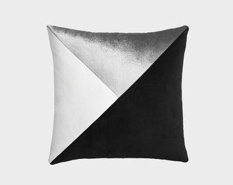 Black White Silver Velvet Pillow Cover Colorblock Triangle Pillow Modern Home Decor Silver Throw Pillows 16x16 18x18 20x20 22x22 24x24