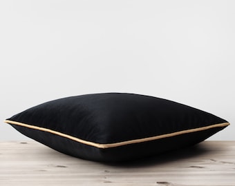 Funda de almohada de terciopelo negro con cordón dorado, almohadas negras y doradas, almohada de tiro de terciopelo, cojín moderno de latón, decoración de ropa de cama de terciopelo negro