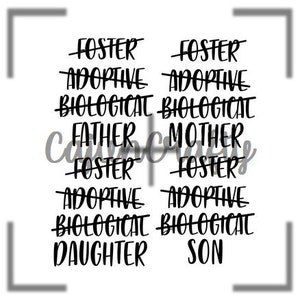 Op de afbeelding: Zwart-wit grafisch tekstontwerp met de woorden "FOSTER", "ADOPTIVE", "BIOLOGICAL", "FATHER", "MOTHER", "DAUGHTER" en "SON", waarbij sommige woorden doorstreept zijn.