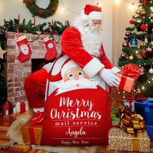 May include: A red Santa Claus sack with a cartoon Santa Claus face on the front. The sack has the text "Merry Christmas mail service Angela Happy New Year" printed on it. Santa Claus is holding a wrapped gift in his hand.