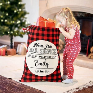 May include: Red and black buffalo plaid Christmas gift bag with a white circle label that says "North Pole Mail Service Special Delivery for Emily" with a small sleigh graphic.