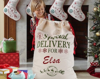 Personalized Canvas Burlap Special Delivery Santa Sacks Drawstrings - Medium Large X Large