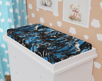 Funda para cambiador con diseño abstracto de mármol azul y negro / Ropa de cama para la habitación del bebé