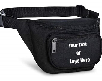 Op de afbeelding: Zwarte heuptas met een ritsvak en een witte tekstoverlay met de tekst "Your Text or Logo Here".