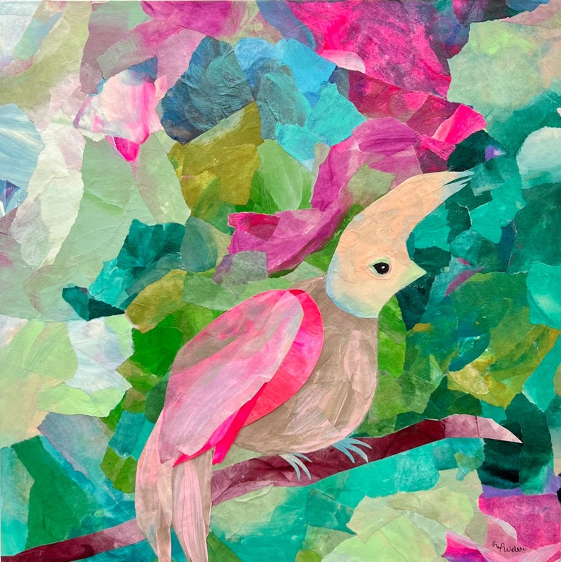 May include: A pink and gray bird with a long beak perched on a branch in a colorful collage of paper. The background is a mix of green, blue, and pink.