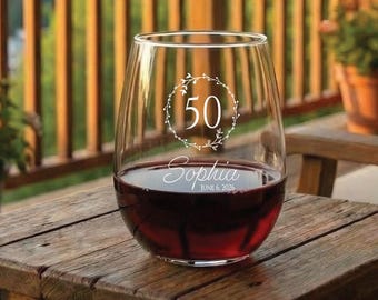 Personalized 50th Birthday Stemless Wine Glass for Women – Engraved Glass – Custom Gift for Her – Elegant 50th Birthday Keepsake – 9 Designs