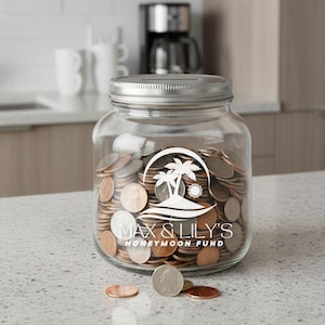 Personalized Travel Fund Bank – Custom Engraved Half Gallon Glass Coin Jar