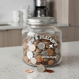 Personalized Travel Fund Bank – Custom Engraved Half Gallon Glass Coin Jar