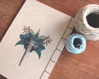 A5 Elephant Illustration Notebook, Recycled Paper, Japanese Binding