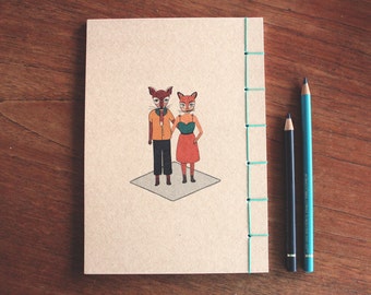 Fox Illustration A5 Notebook, Handmade Japanese Binding, Recycled Paper