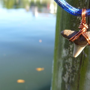 May include: A shark tooth pendant necklace with a copper wire wrap, hanging from a blue rope necklace. The pendant is on a wooden surface with a blurred background of a body of water.