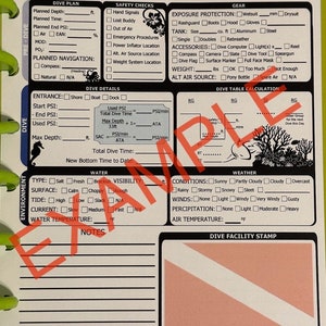 May include: A white logbook with a black and red shark fin logo. The logbook is for recording scuba diving information, including dive plan, safety checks, gear, dive details, and dive table calculations. The logbook has a section for notes and a dive facility stamp.