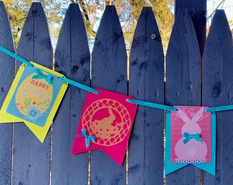 EASTER "Hello Spring" Handmade Paper Bunting/Banner/Garland with Aqua Ribbon (53" Long)