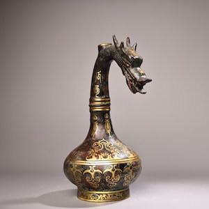 Collection pure copper bronze gilt exquisite pattern dragon head statue pot bottle ornament,unique shape