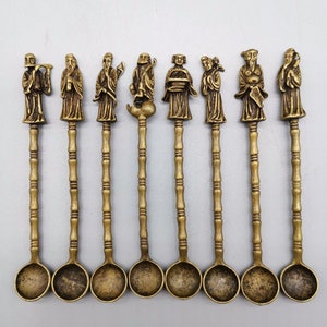 8 PCS Chinese Exquisite Brass Handmade Carved eight immortals Small spoon