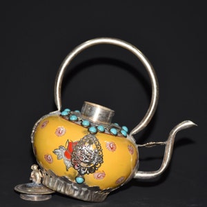 Early collection Tibetan silver porcelain inlaid with gem wine pot teapot ornaments,exquisite can be used