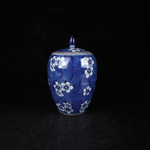 Puede incluir: Un jarrón de porcelana azul y blanco con tapa. El jarrón está decorado con un patrón floral.