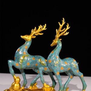 A pair of chinese antique hand carved pure copper cloisonn é enamel colored sika deer statue ornament,rare and exquisite,home decoration